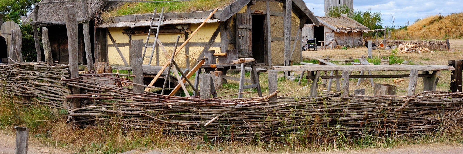 Recreated Viking Age settlement at Foteviken Museum.