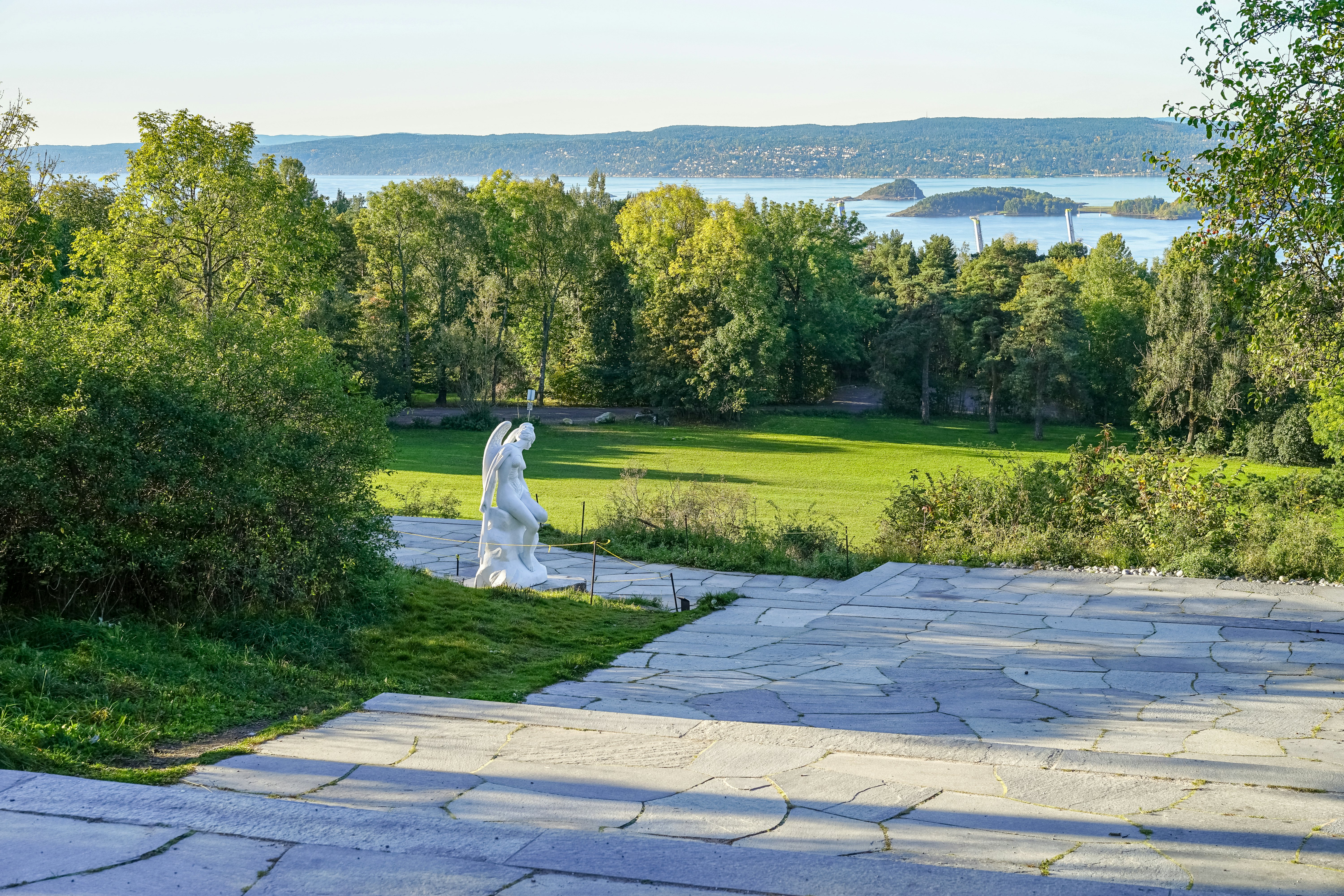 Ekebergparken Sculpture Park with sea view and the sculpture "Anatomy of an angel" by the artist Damien Hirst.