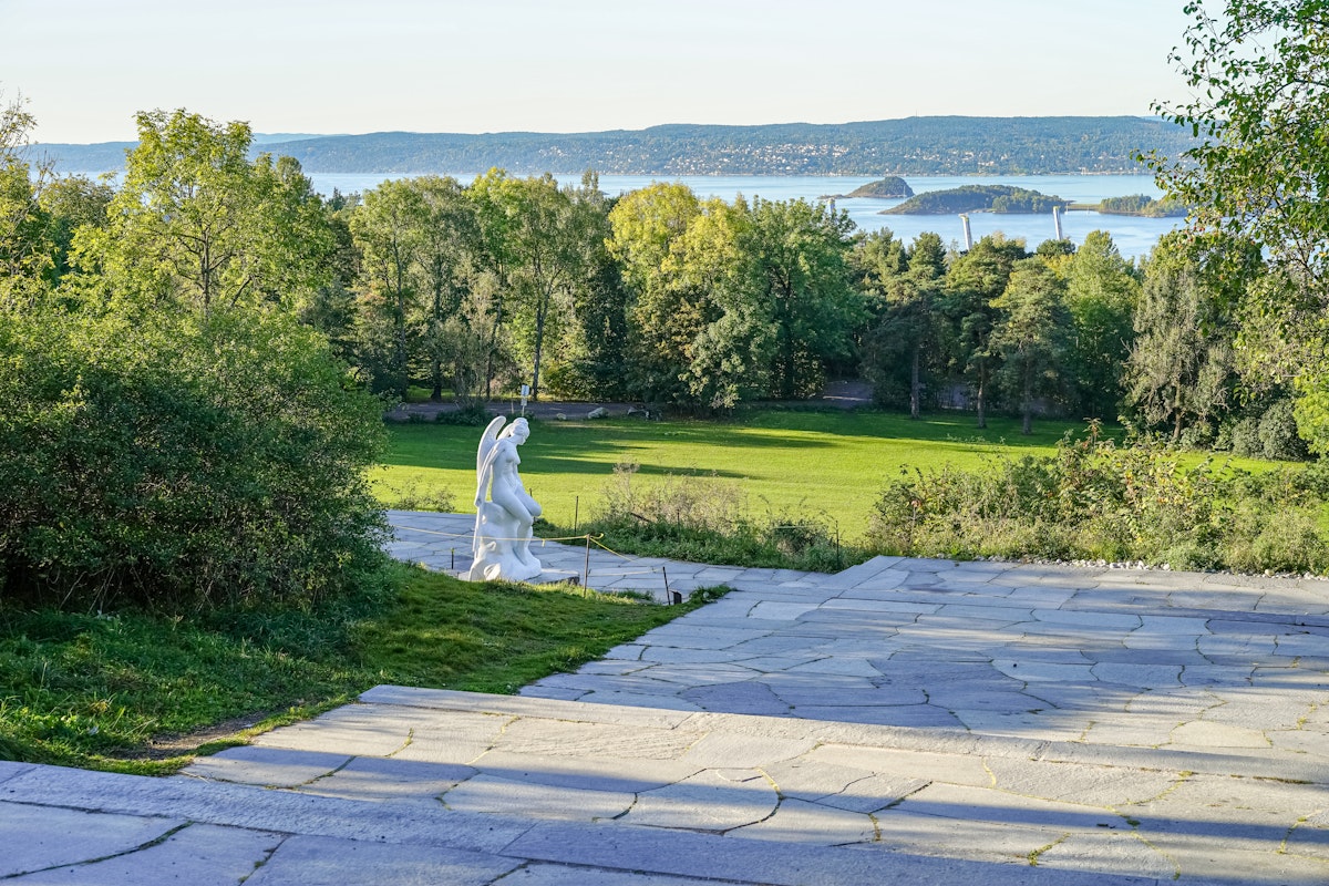 Ekebergparken Sculpture Park with sea view and the sculpture "Anatomy of an angel" by the artist Damien Hirst.