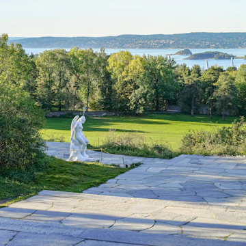 Ekebergparken Sculpture Park with sea view and the sculpture "Anatomy of an angel" by the artist Damien Hirst.