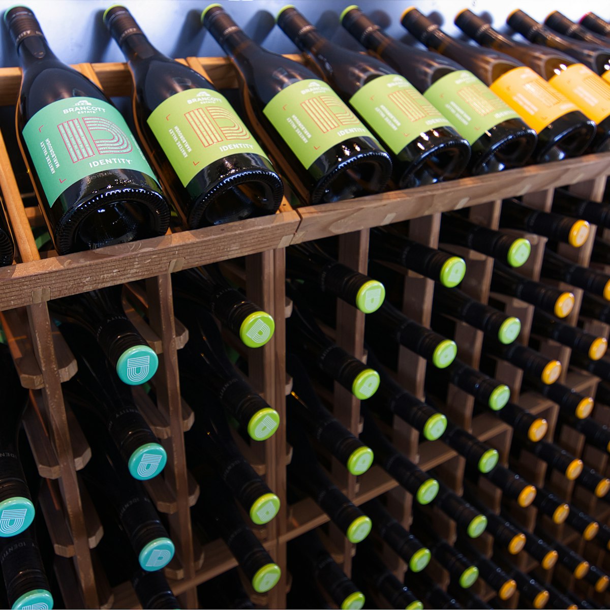 Rack of Brancott wine estate Identity series bottles.