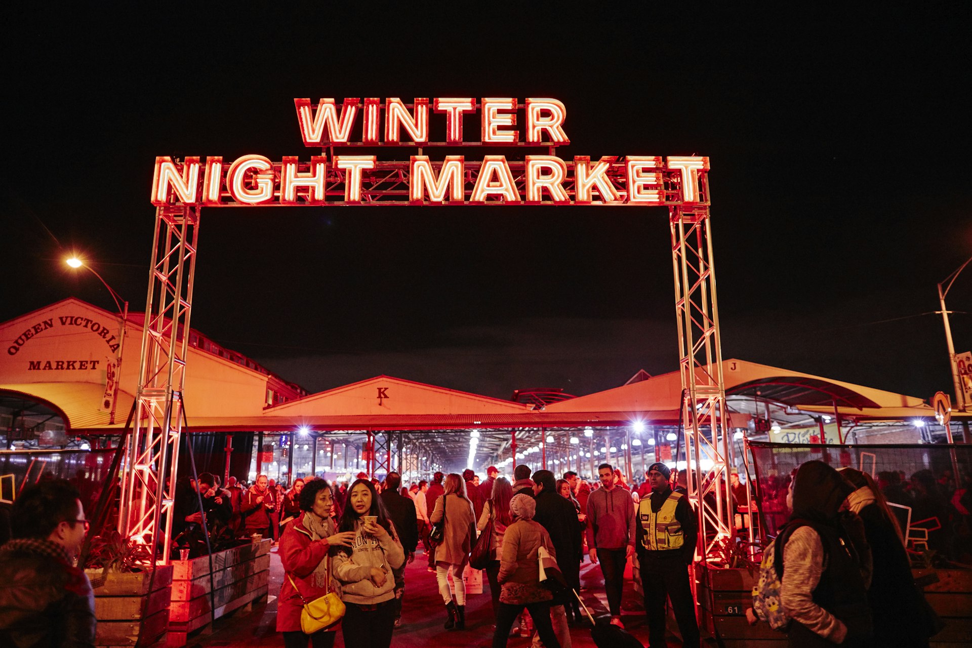 Queen Victoria Market - Winter Night Market entrance lit up Australia