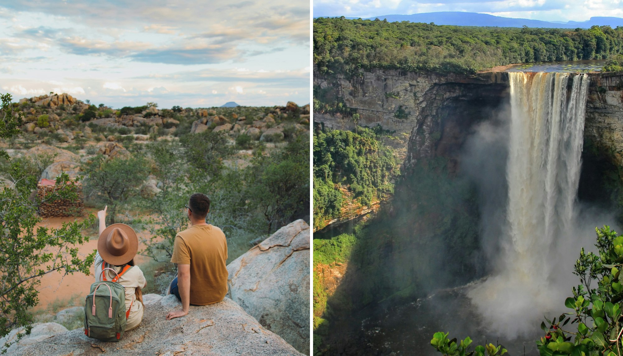 Two travelers look out over the desert; a waterfall in Guyana.