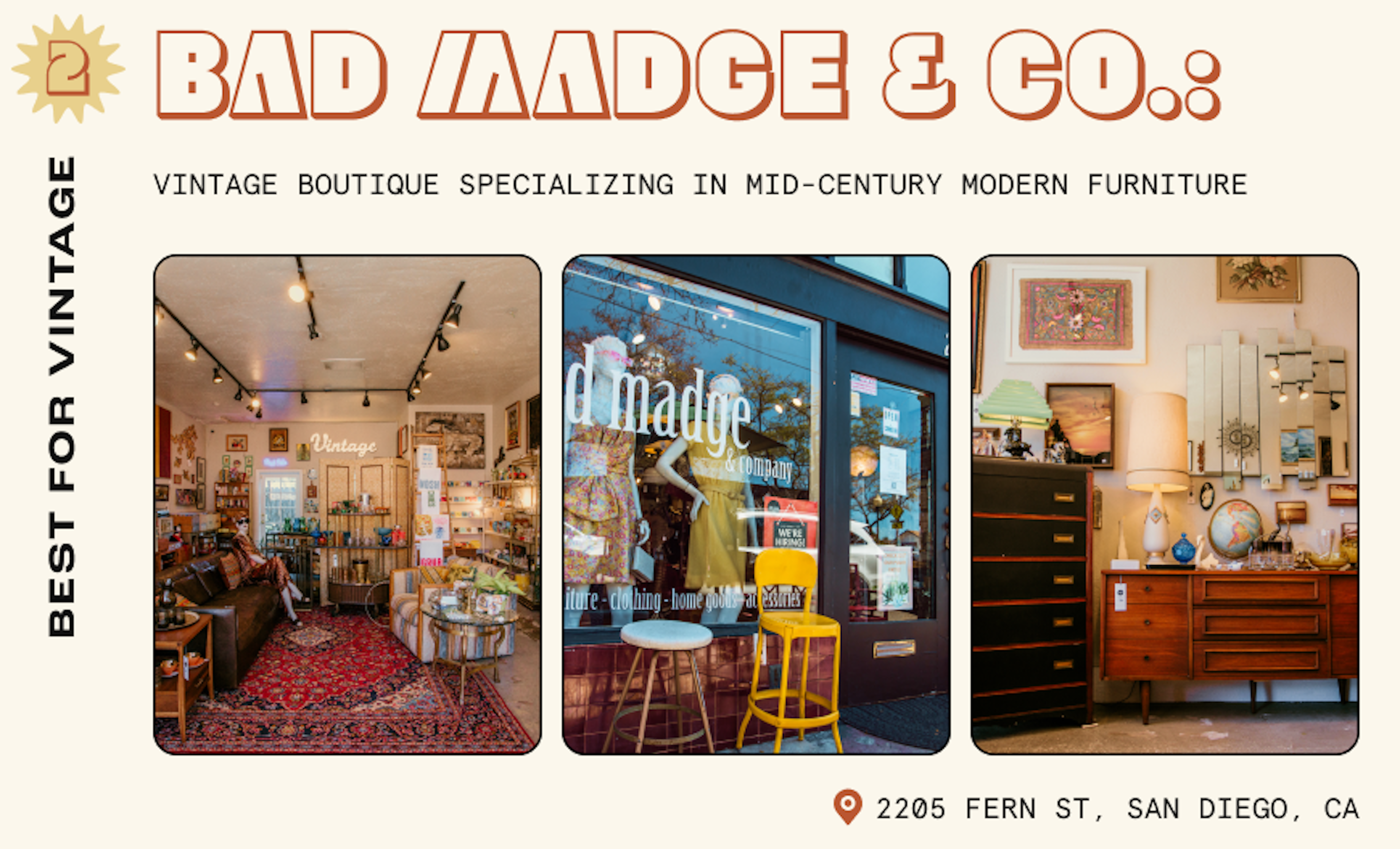 Interior and exterior shots of mid-century style Bad Madge & Co in San Diego