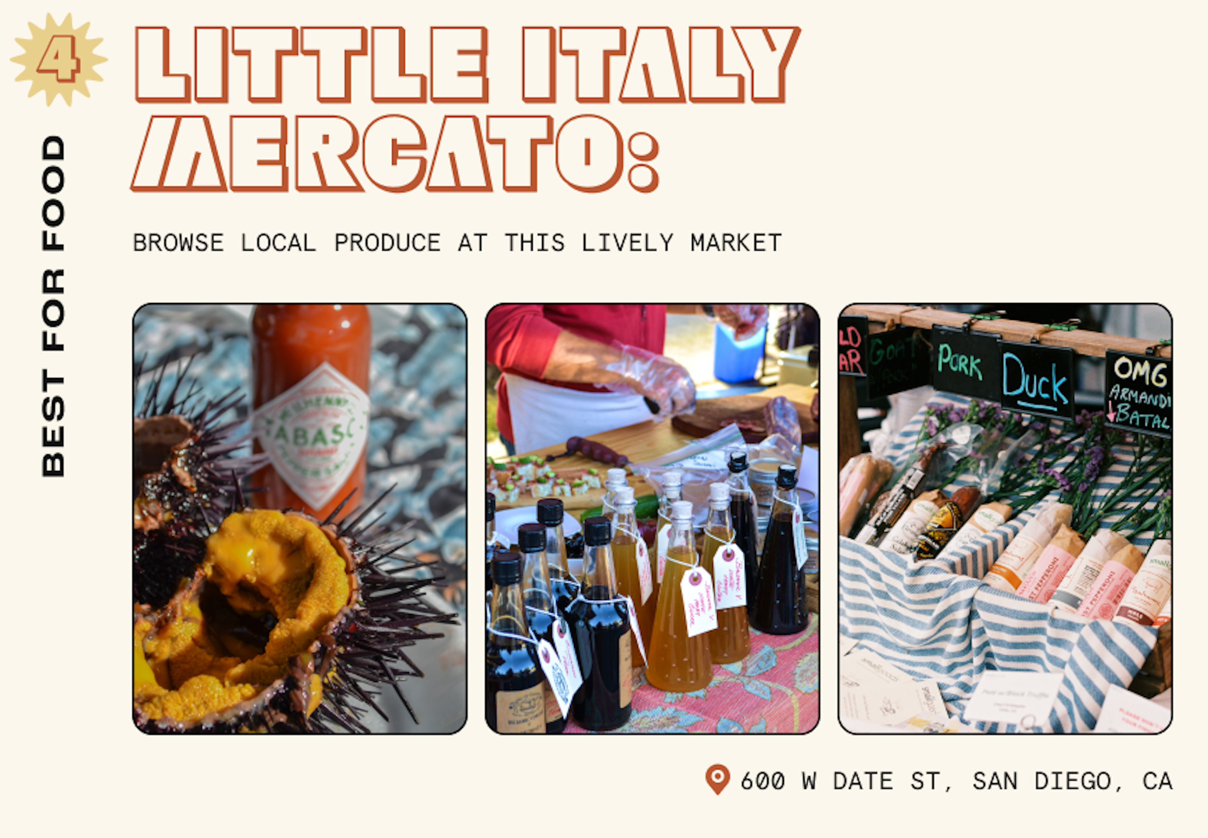 Close-up shots of food on display at Little Italy Mercato in San Diego