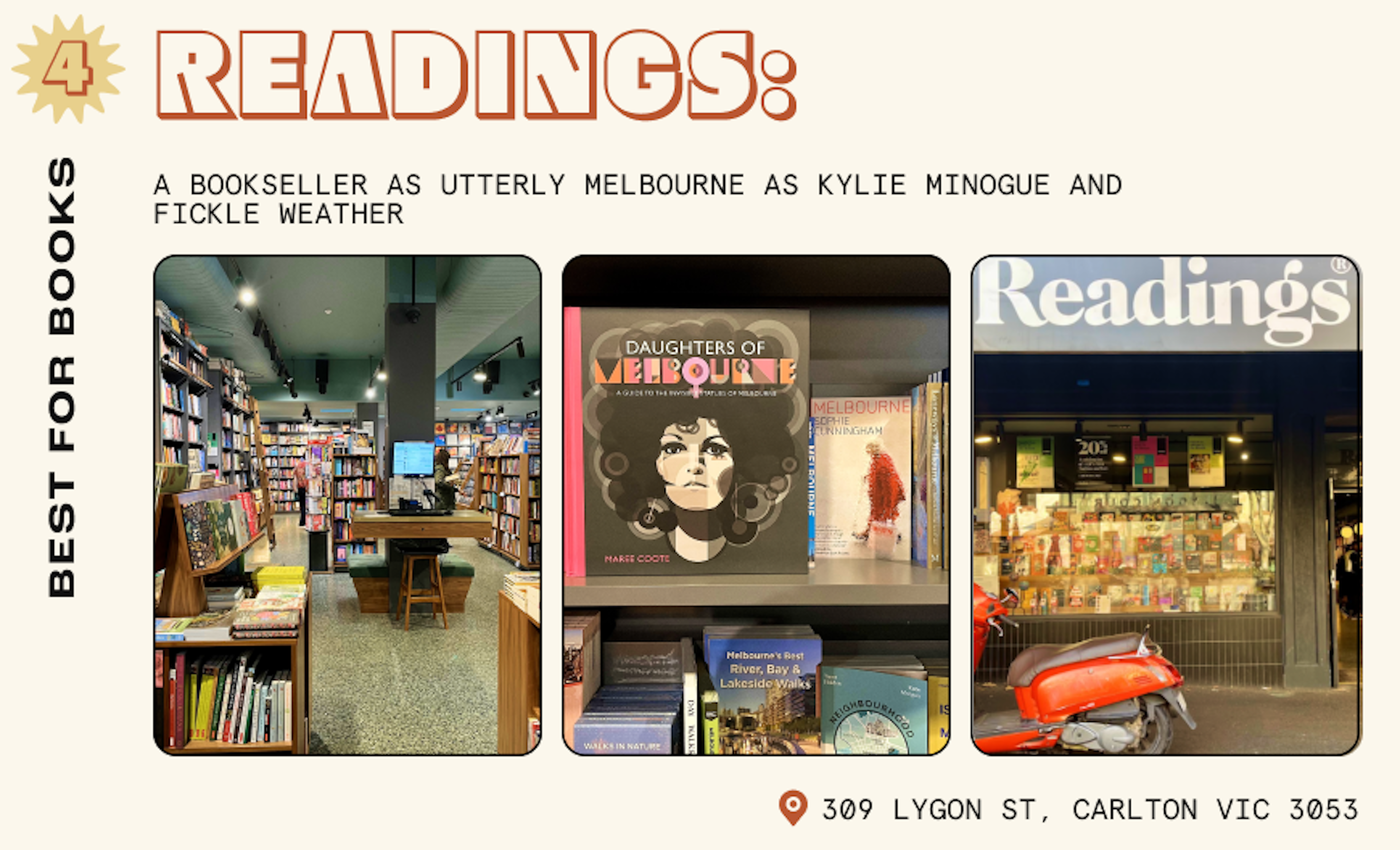 An exterior shot and close-up of books on display at Readings, Melbourne