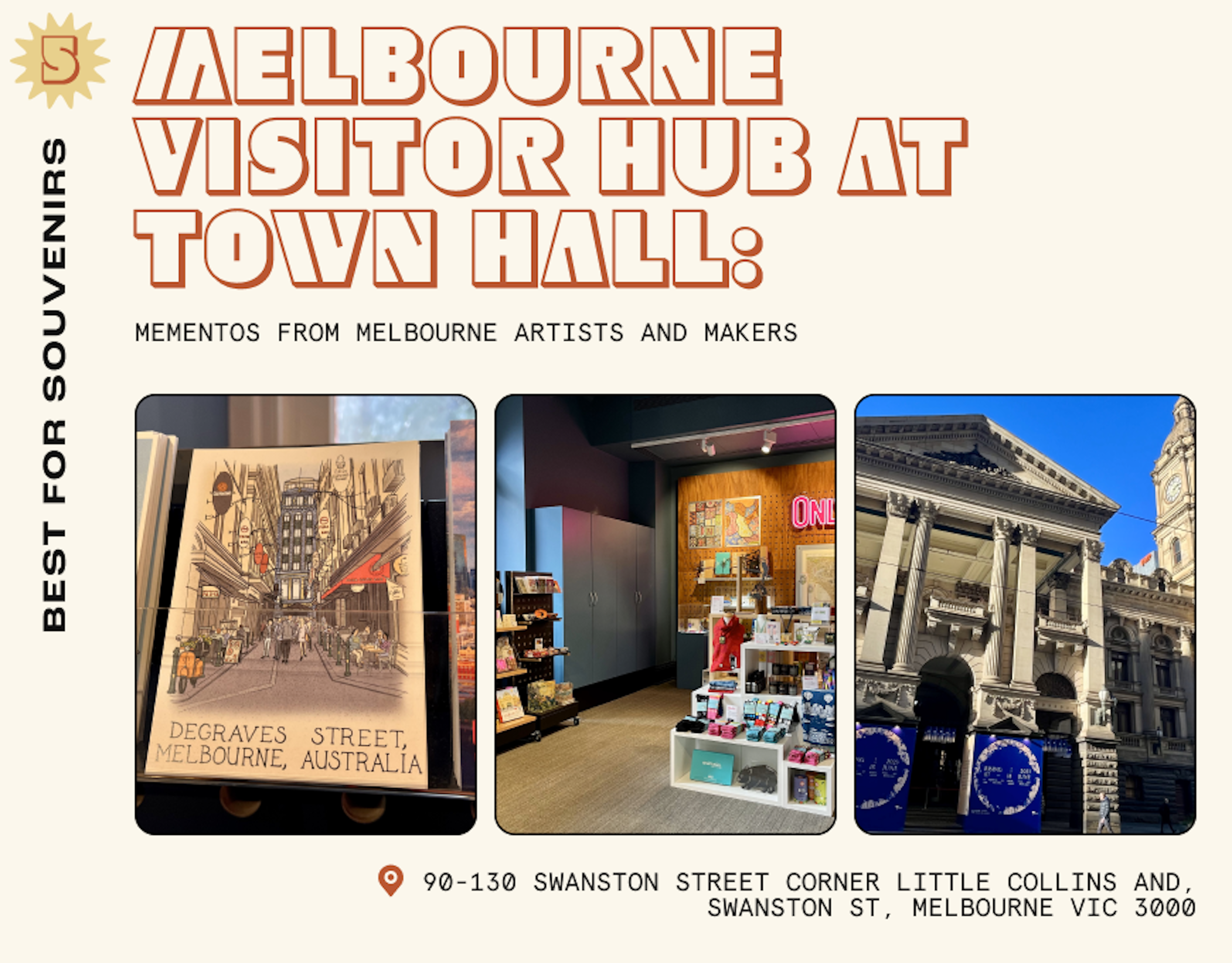 Exterior shot of Melbourne Town Hall with close-up images of souvenirs on display at the Visitor Hub