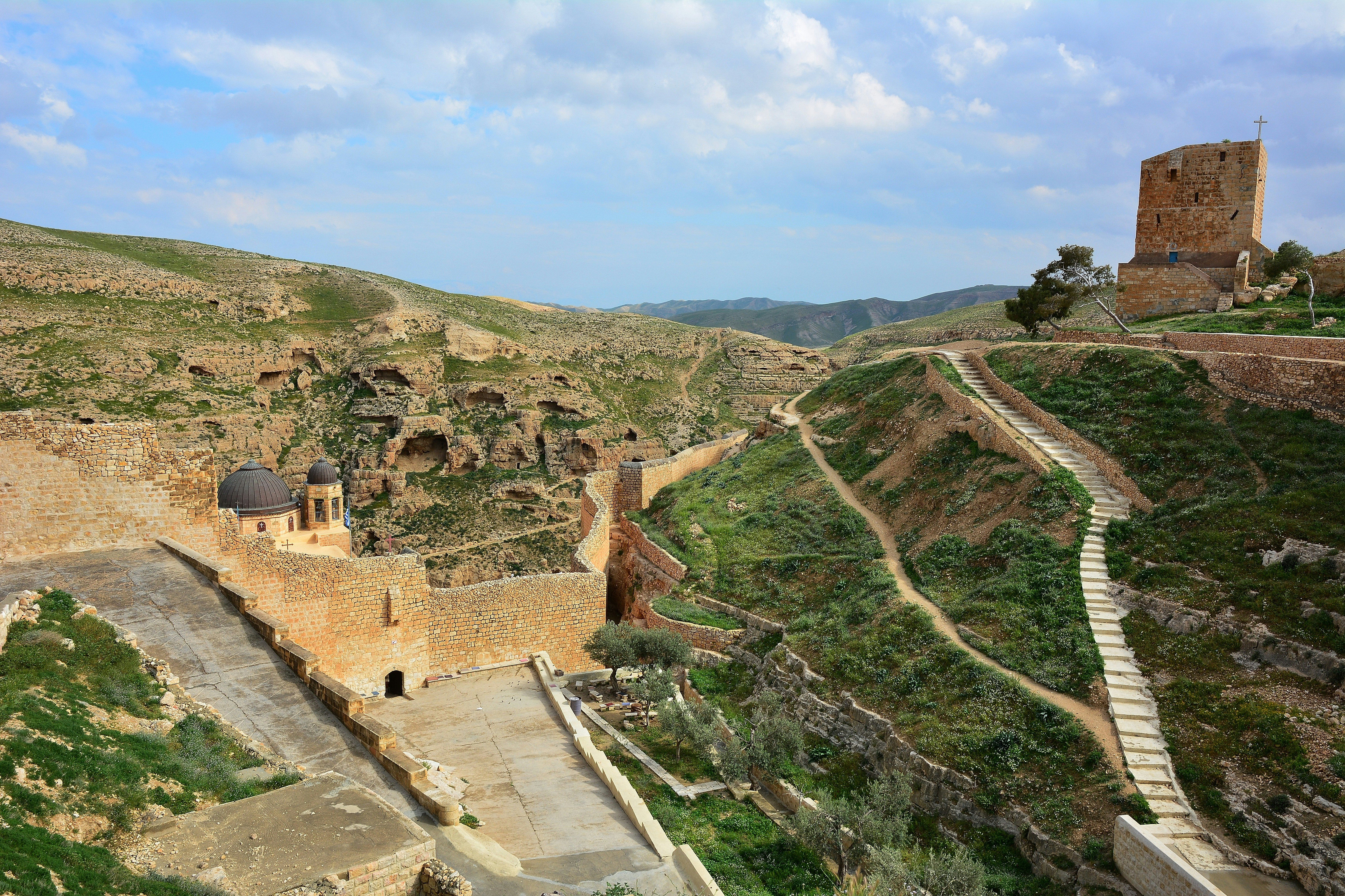 Saint Sabas (Arabic: Mar Saba) monastery, in the Judean desert on the southern cliffs of the Kidron creek.