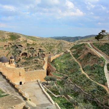 Saint Sabas (Arabic: Mar Saba) monastery, in the Judean desert on the southern cliffs of the Kidron creek.