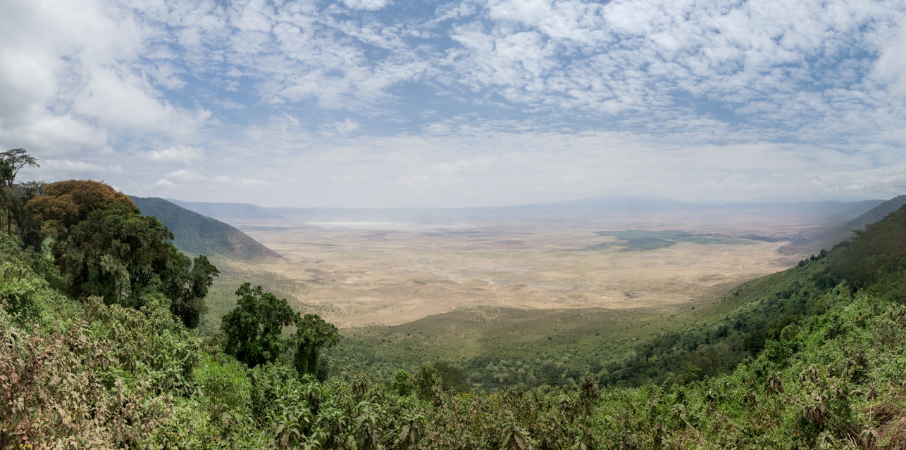 The Ngorongoro Conservation area in Tanzania.
Ngorongoro Conservation Area, Tanzania, Eastern Africa, Africa, outdoors, daytime, nobody, travel, travel destinations, national park, public land, landscape, view from above, cloud, sky, plain, field, rural scene, savannah, grassland, vanishing point, idyllic