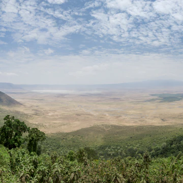 The Ngorongoro Conservation area in Tanzania.
Ngorongoro Conservation Area, Tanzania, Eastern Africa, Africa, outdoors, daytime, nobody, travel, travel destinations, national park, public land, landscape, view from above, cloud, sky, plain, field, rural scene, savannah, grassland, vanishing point, idyllic