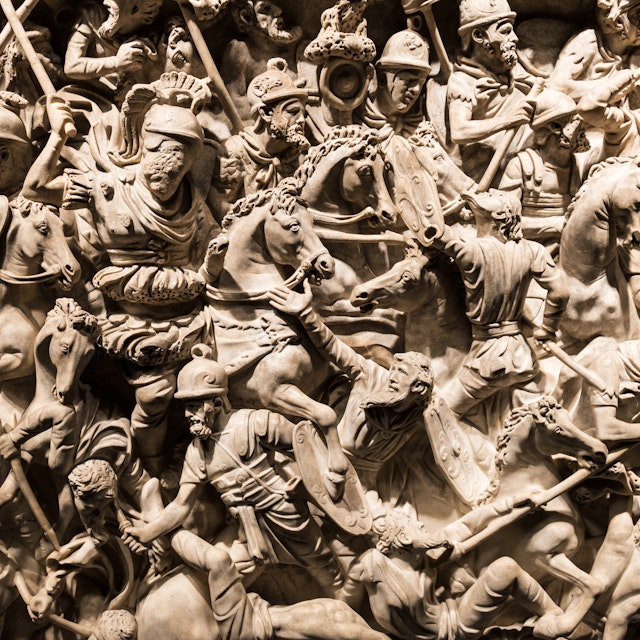 Sculptural details of the Sarcophagus of Portonaccio in the National Roman Museum.
EX0XXN
Sarcophagus, of, Portonaccio, National, Roman, Museum, Italy, Museo, Nazionale, Romano, Palazzo, Massimo, alle, Terme, Rome, battle, sarcophagus, scene, travel
