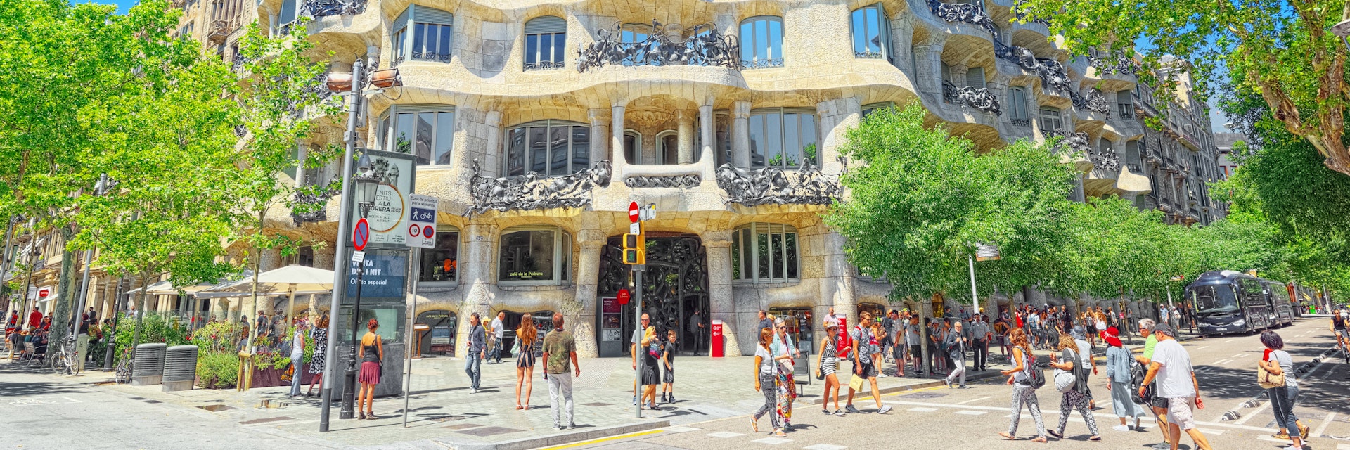 Barcelona, Spain - June 12, 2017 : Casa Mila  popularly known as La Pedrera or open quarry, a reference to its unconventional rough-hewn appearance, i
