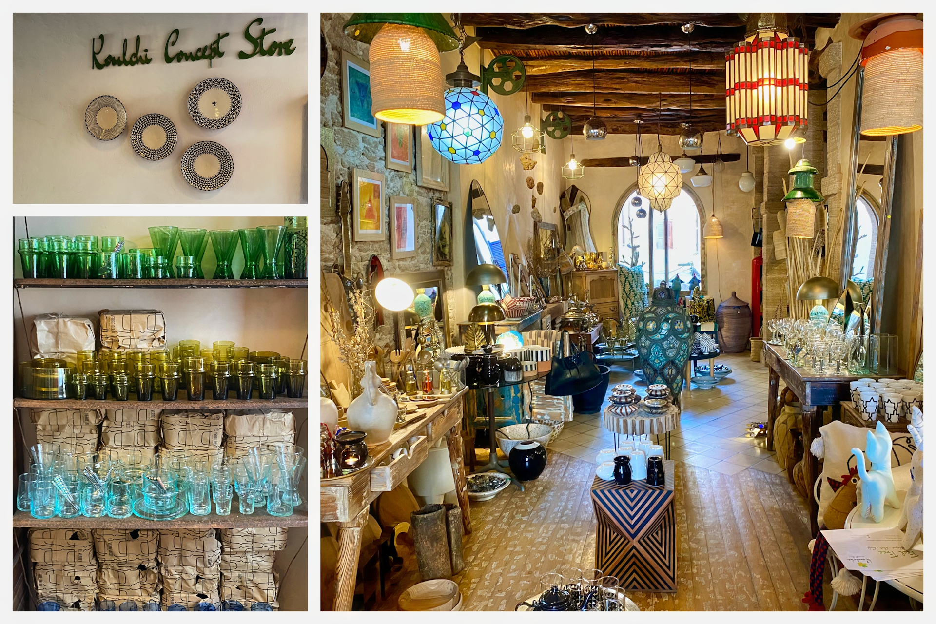 The interior of a concept store in Essaouira selling glassware and trinkets