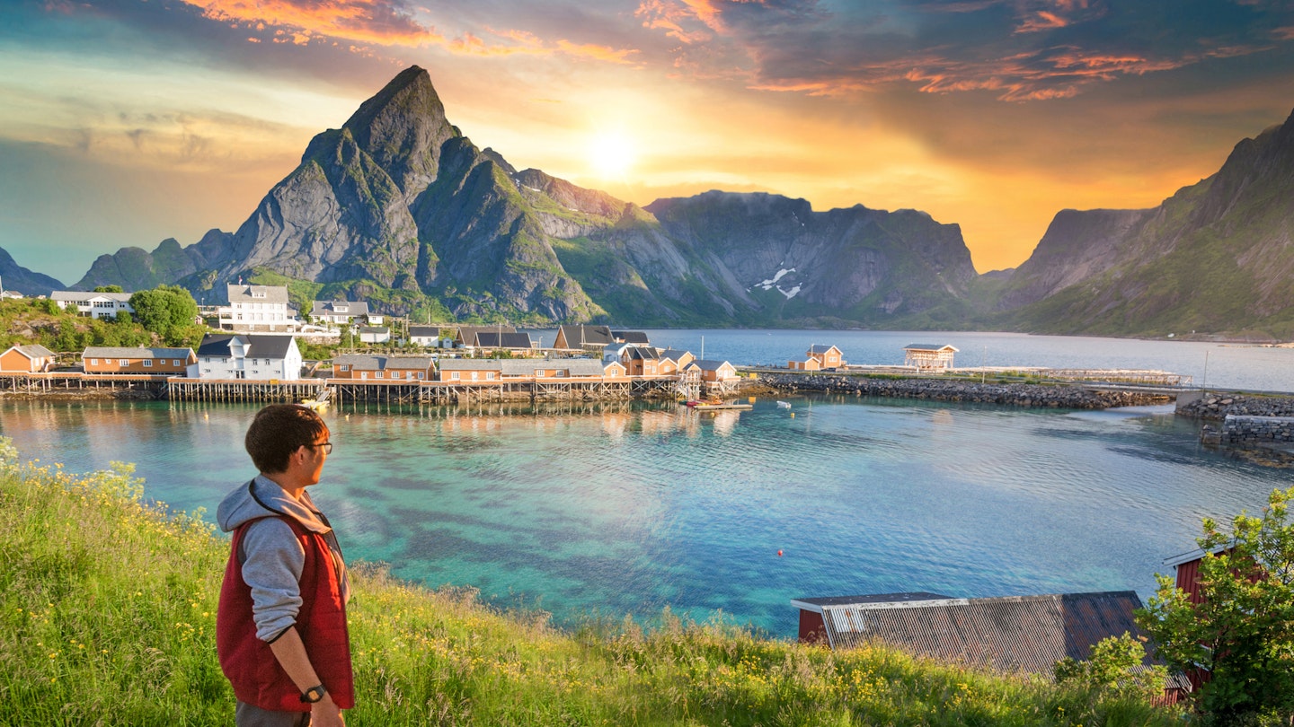 Traveller enjoy summer view of Lofoten Islands in Norway with sunset scenic
1160004574