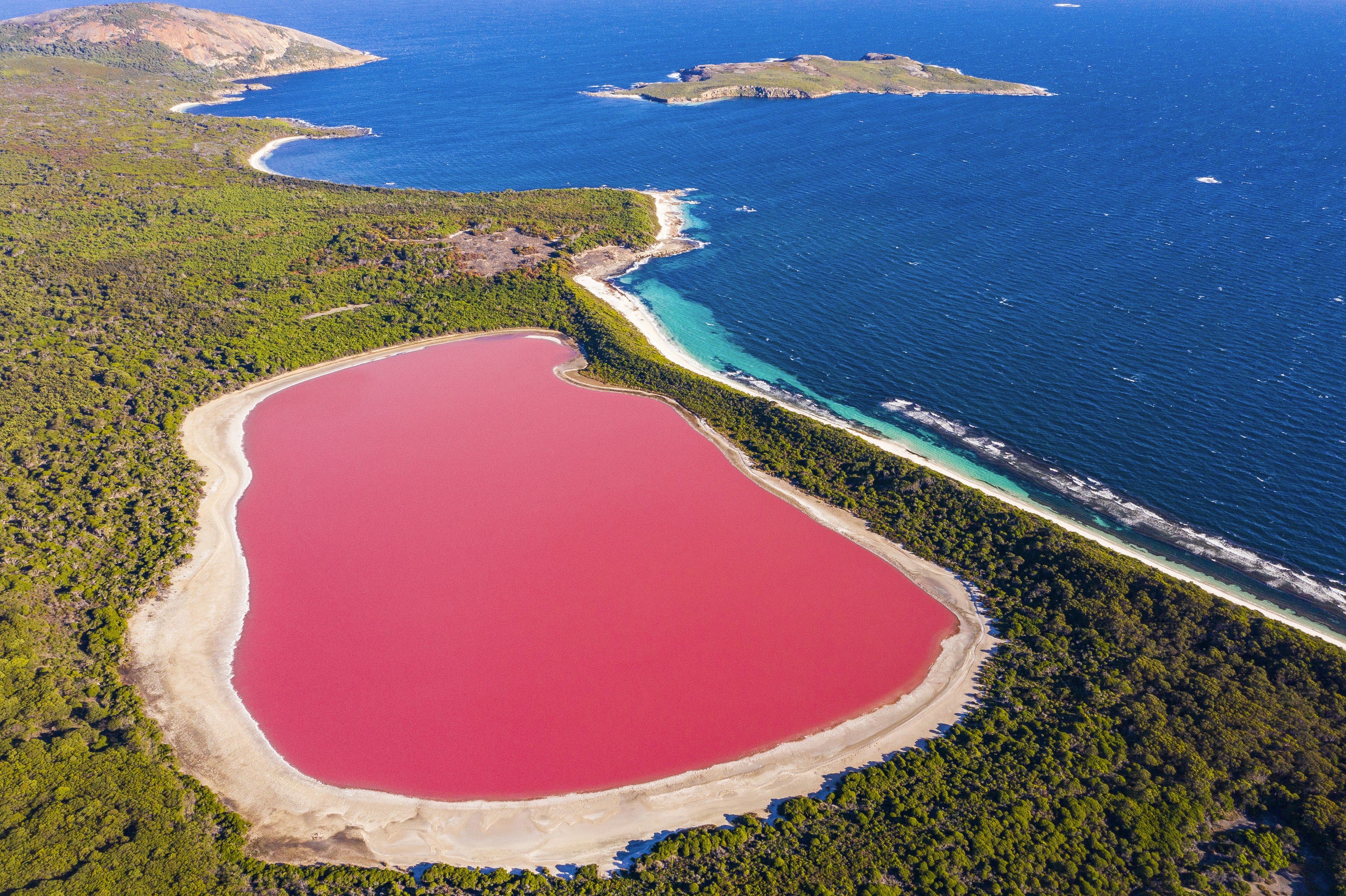 An aerial view of Lake Hillier, Middle Island, Western Australia, Australia