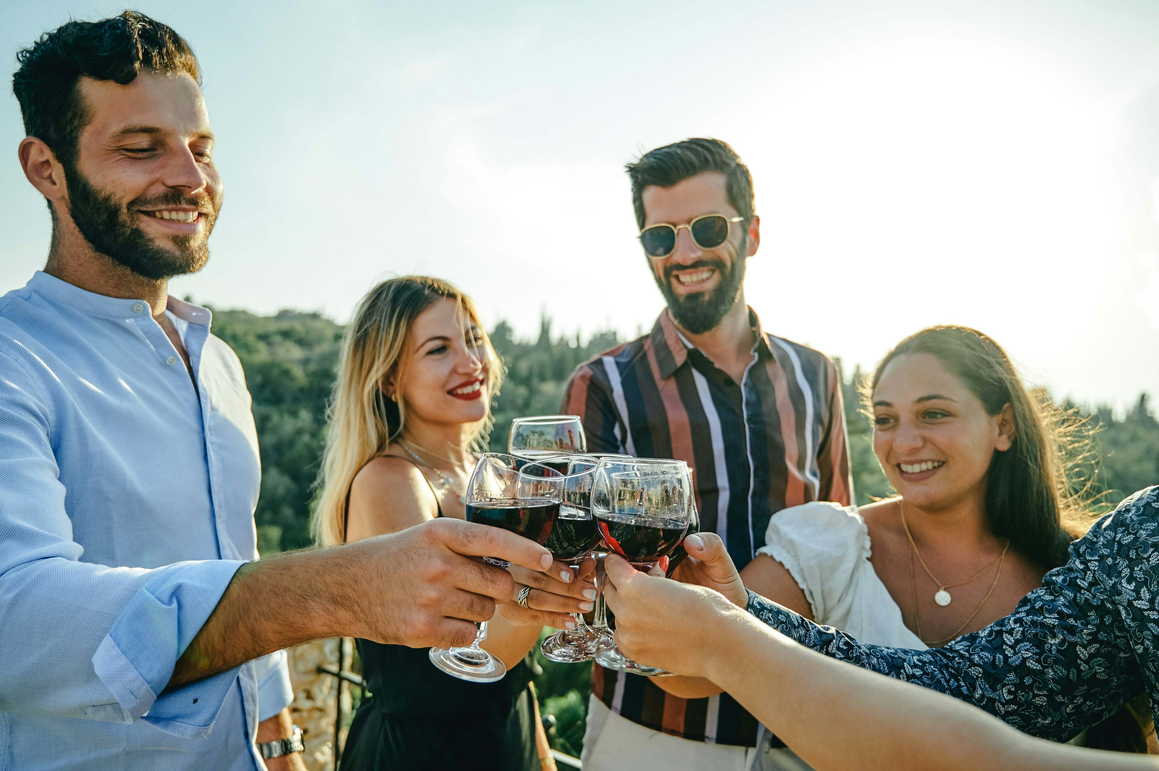 A group of men and women toasting each other with glasses of red wine in the sunshine