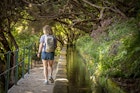 Hiking route with steps & narrow walkways leading through forest to a swimming spot fed by cascades.
1426665005
Woman hiking along a levada on Madeira Island