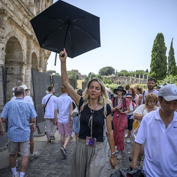 ROME, ITALY - JULY 17: A woman uses an umbrella for shade during an ongoing heat wave with temperatures reaching 44 degrees, at Colosseo area (Colosseum), on July 17, 2023 in Rome, Italy. The government has issued red alerts for 16 cities due to the current heatwave, which the Italian Meteorological Society named Cerberus, the mythical creature who guarded the gates of the underworld. Many places in Italy have seen successive days over 40C. (Photo by Antonio Masiello/Getty Images)
1538005086