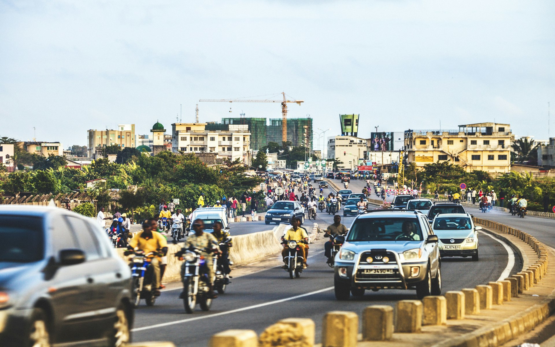 City traffic just before sunset in Cotonou
