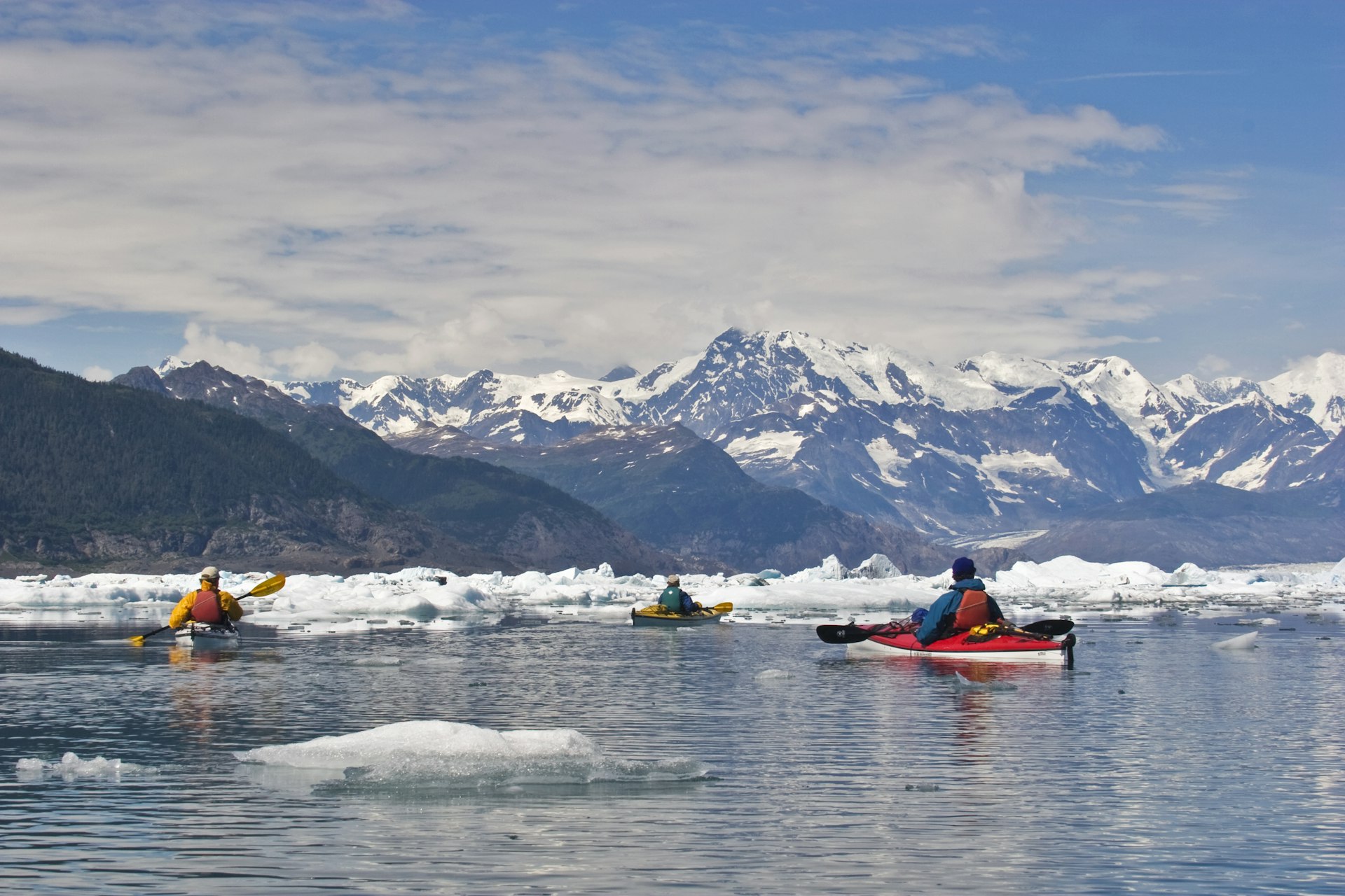 Kayakers in a bay surrounded by icebergs