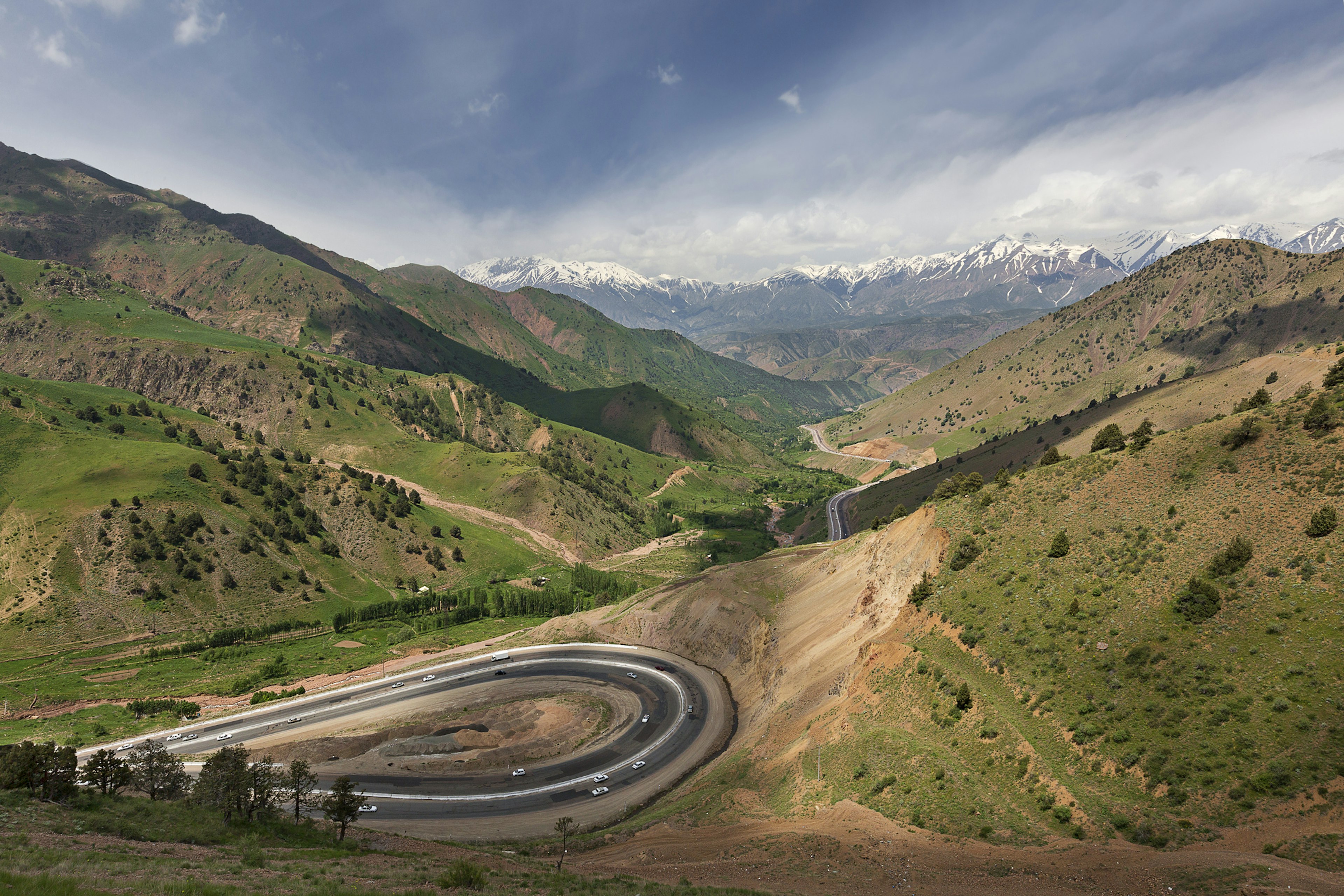 View over the winding roads and mountains between Tashkent and Fergana Valley in Uzbekistan