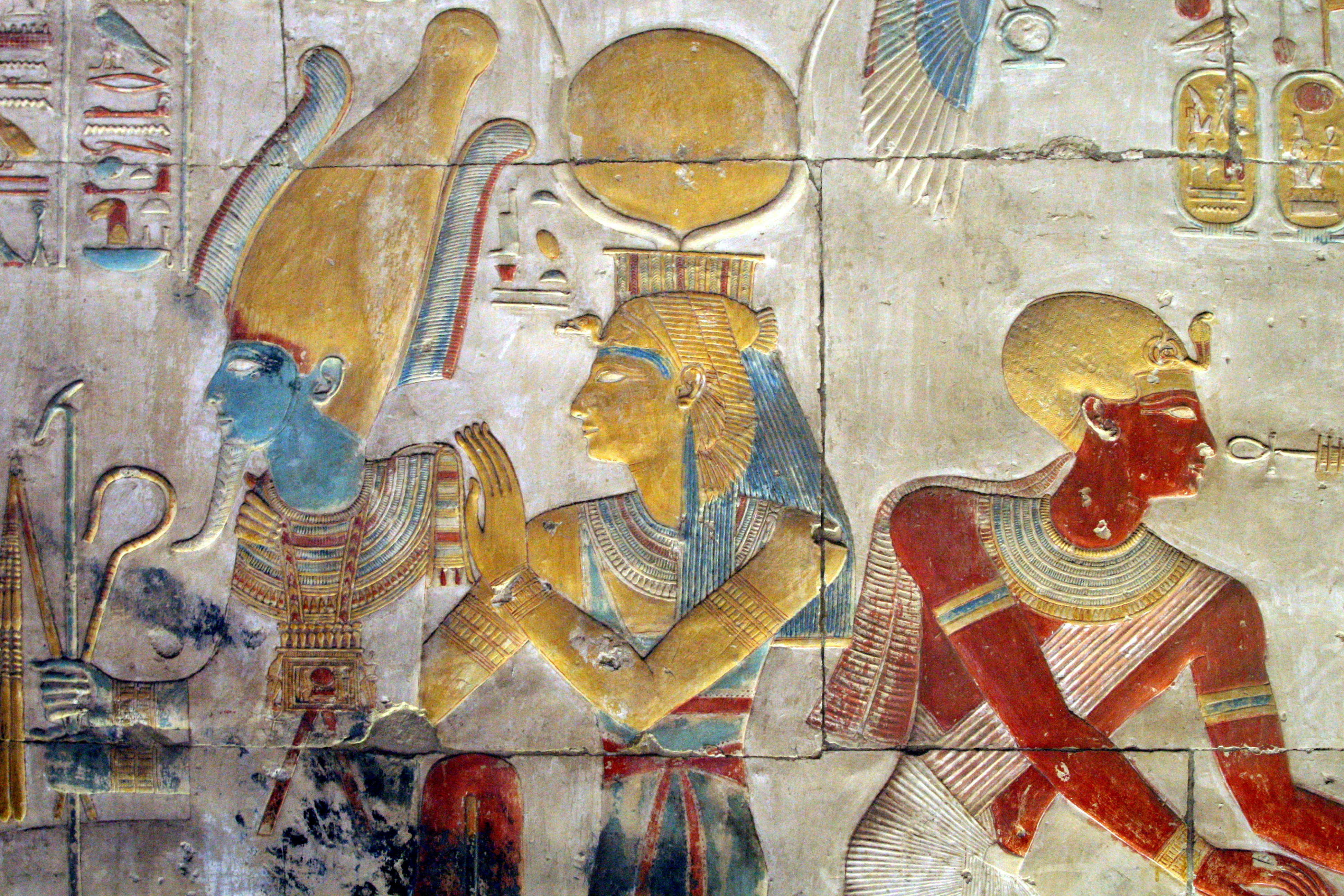 Painted bas relief of Osiris and Isis wearing the headdress of Hathor at the Temple of Seti I.
160374862
Abydos; Art And Craft; AutotagModeratelyStock - Do Not Delete; Bas Relief; Close-up; Color Image; Creativity; Egypt; Female Likeness; Flickr; Hathor; Headdress; History; Horizontal; Human Representation; Indoors; Isis - Egyptian Goddess; Male Likeness; Middle East; No People; Osiris; Paintings; Photography; Religion; Seti I; sohag governorate; Temple - Building; The Past; Wall - Building Feature;