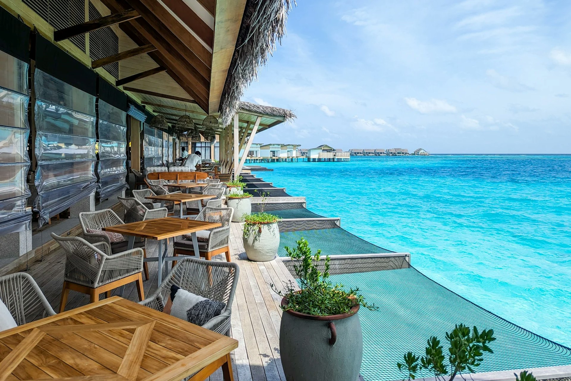 The view from one of the restaurants at the Hilton Maldives Amingiri Resort & Spa