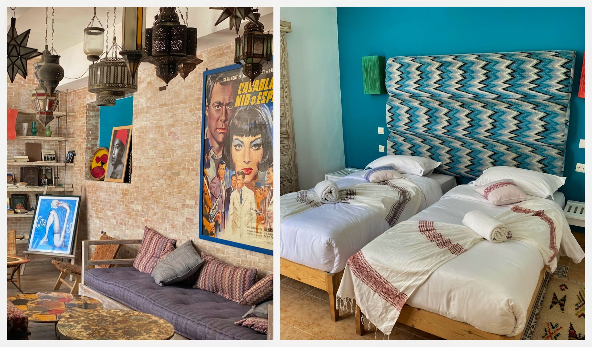 Interior shots of Mama Souri hotel, including reception area with vintage movie posters and bedroom with two single beds draped in white linens