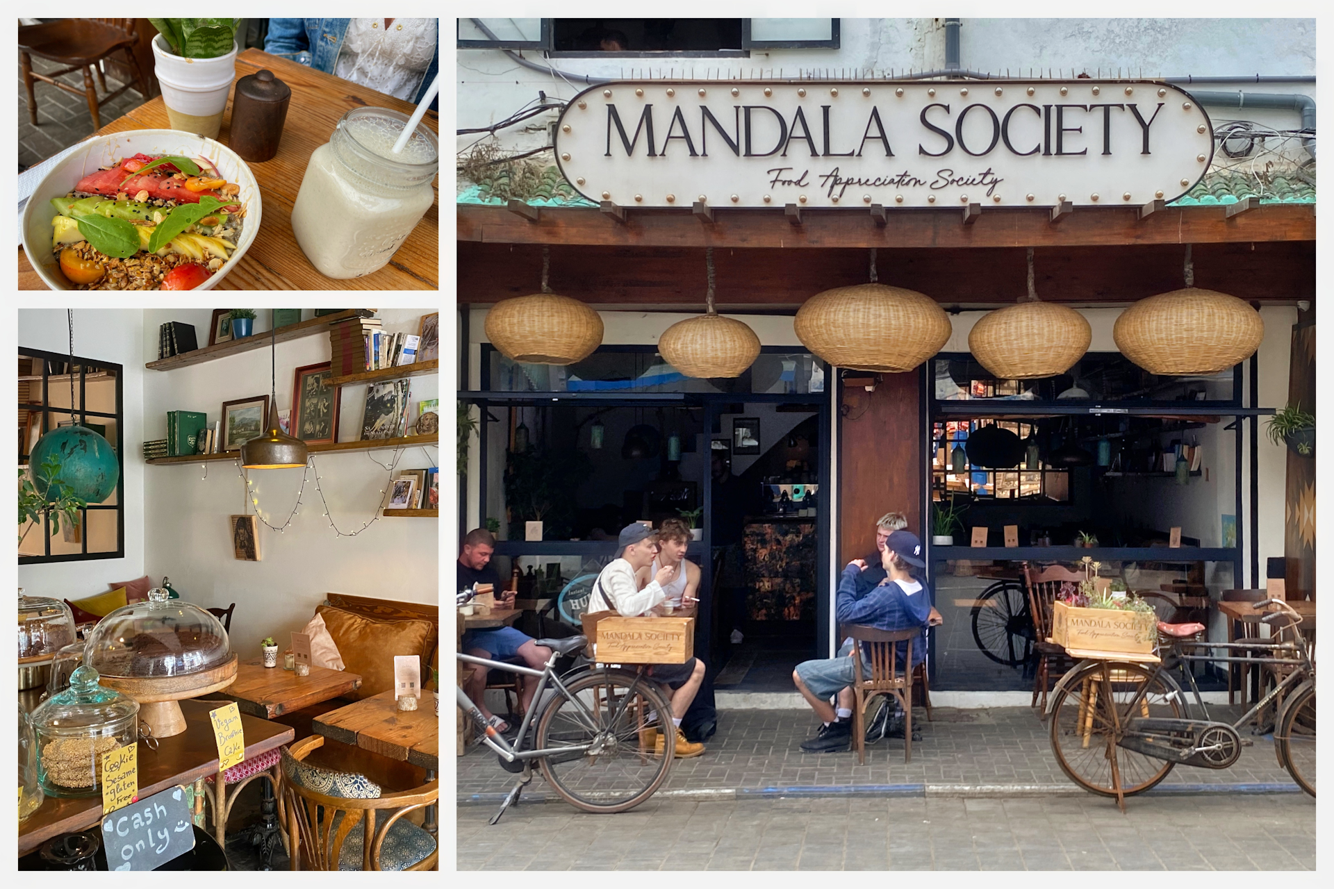 Exterior and interior shots from Mandala Society, a breakfast and brunch spot in Essaouira