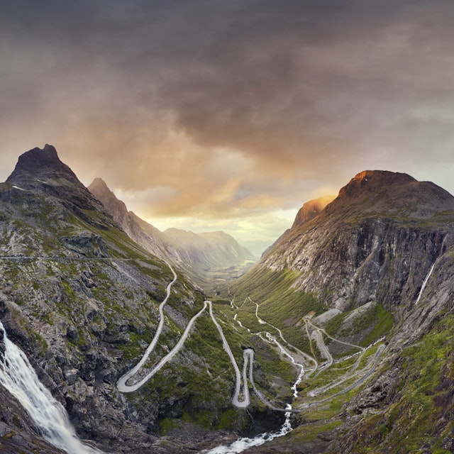 Trollstigen, Norway, Sunset over the Trollstigen valley road 895332008