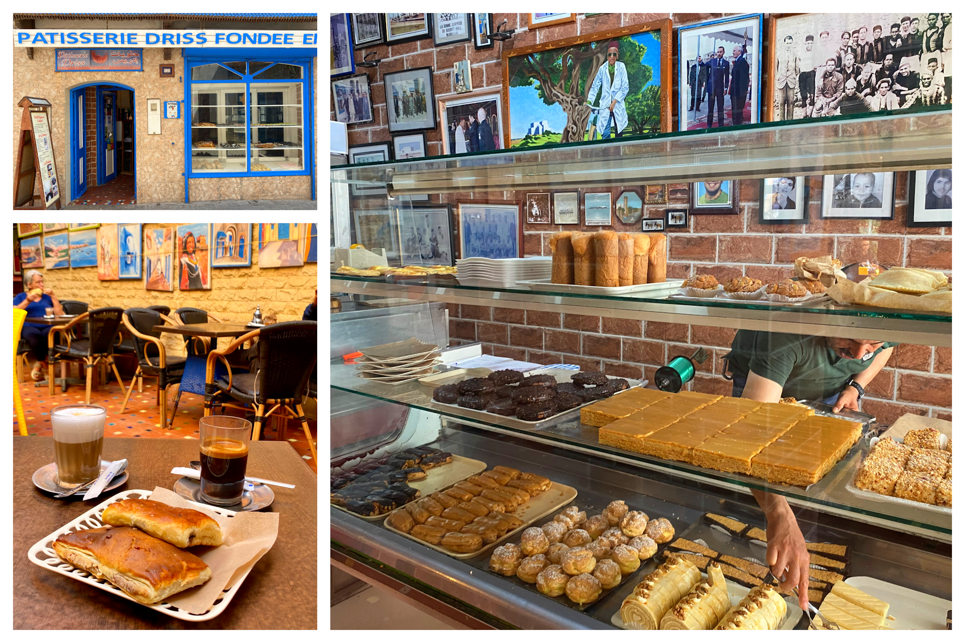 Interior and exterior shots of Patisserie Driss in Essaouira 