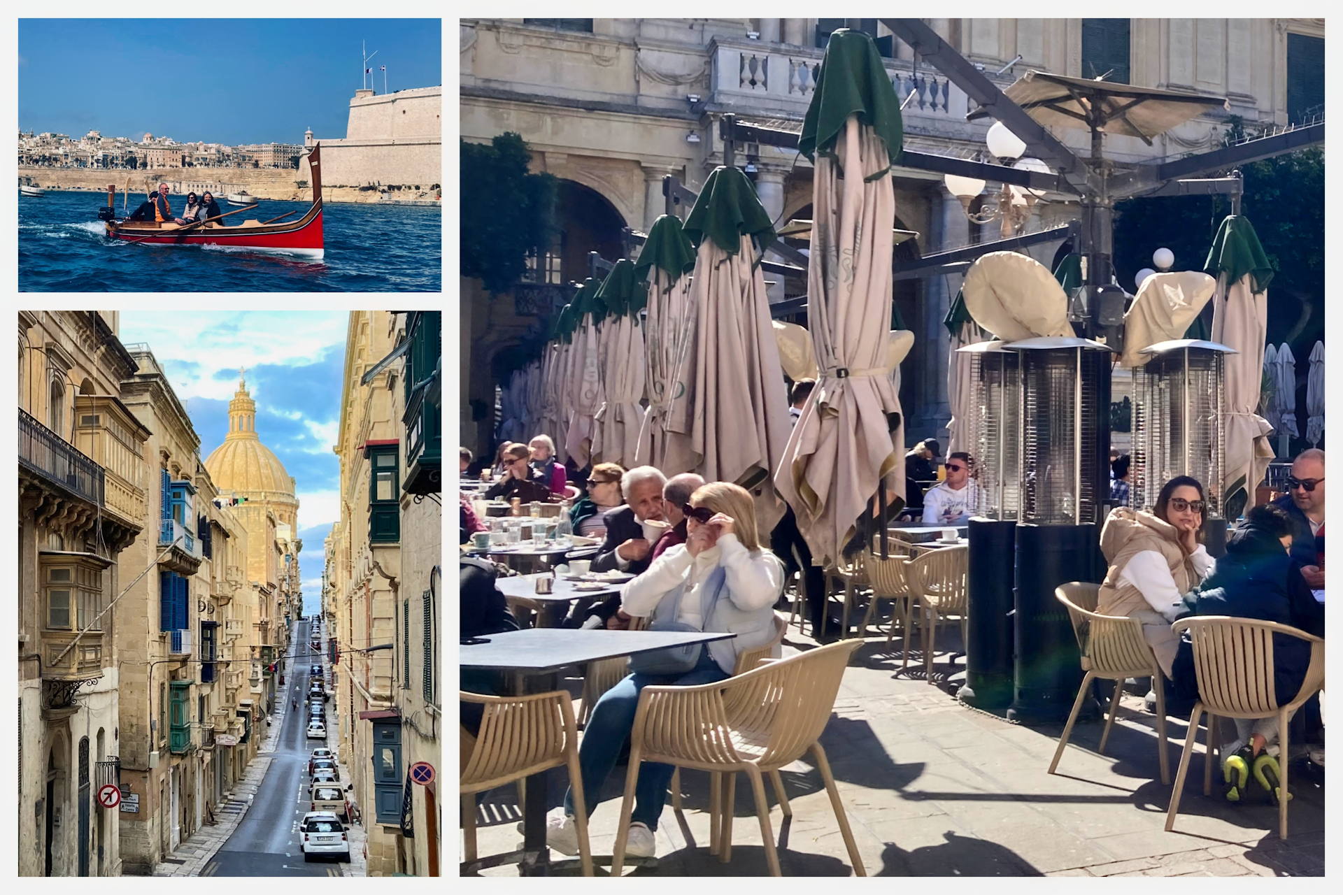 Snapshot from scenes of daily life in Malta including people dining at cafe, gondolas crusing on St Julians Bay and backstreets of Valleta