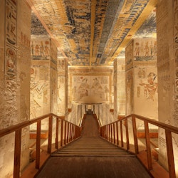 LUXOR, EGYPT - FEBRUARY 5 2016 - Unique shot of the Ramesses VI tomb in Valley of the Kings. Obtaining permission for taking images there is painstaking but worth it.; Shutterstock ID 467883095; Your name (First / Last): Lauren Keith; GL account no.: 65050; Netsuite department name: Online Editorial; Full Product or Project name including edition: Southern Egypt temples article
africa, ancient, archaeology, architecture, art, burial, culture, editorial, egypt, egyptian, faraon, great, heritage, hieroglyph, history, interior, kings, luxor, monument, of, pharaoh, ramesses, ramses, stairway, the, tomb, tourist, travel, valley, vi, walkway