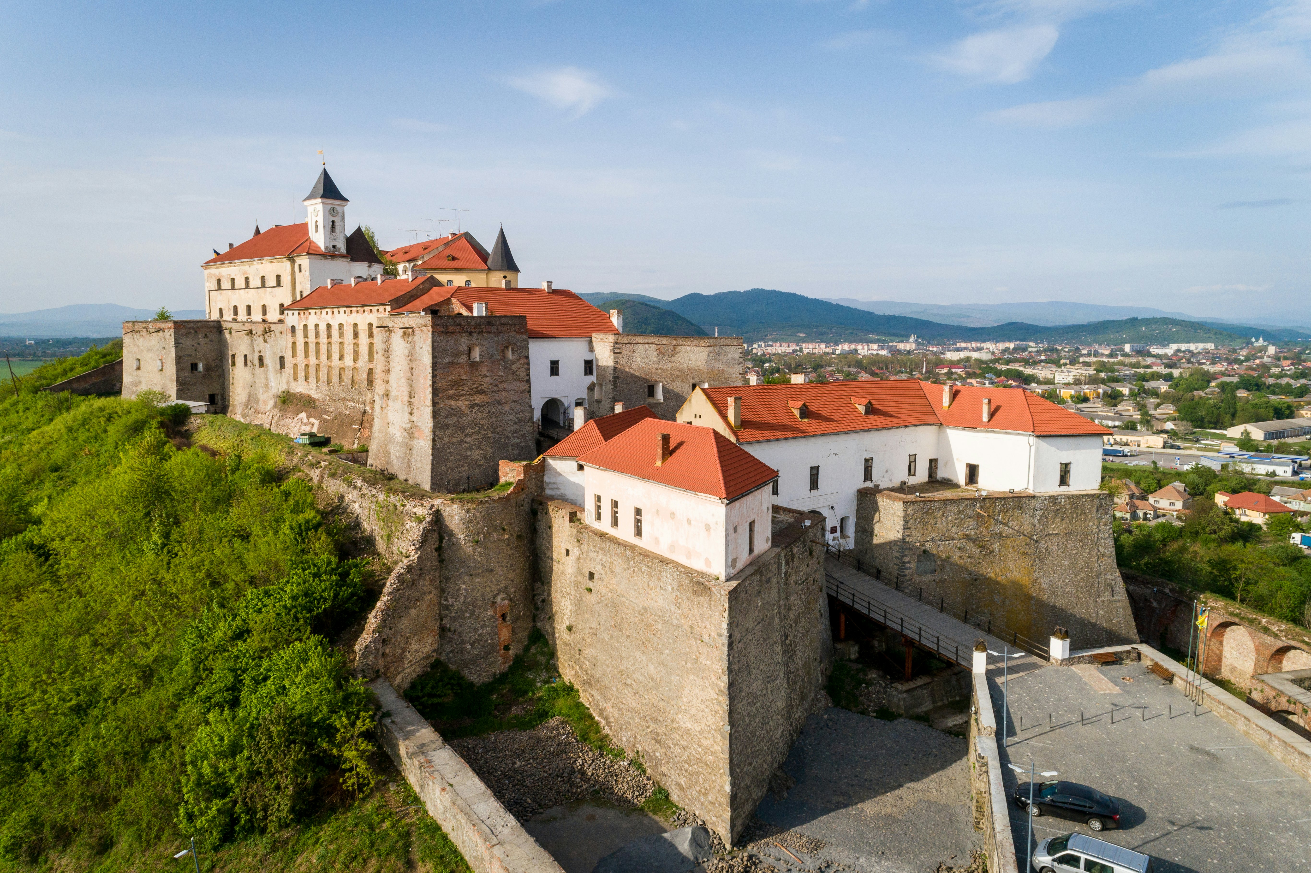 Aerial spring view of Palanok Castle in Mukachevo town, Ukraine.