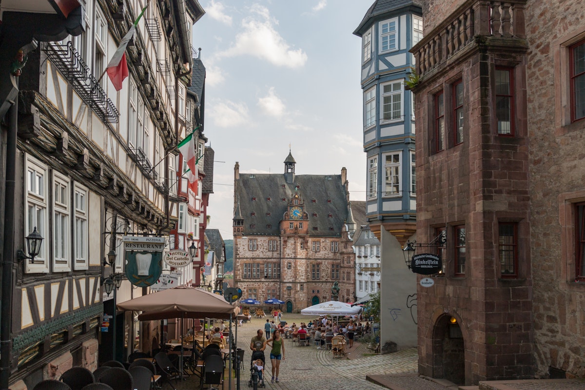 The historical townhall and market place of Marburg, Germany.