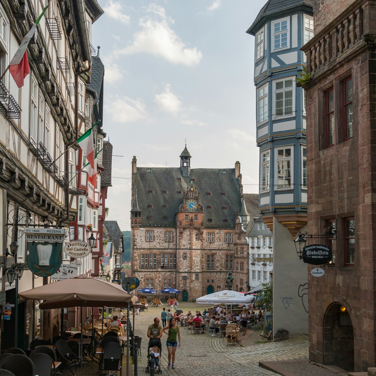 The historical townhall and market place of Marburg, Germany.