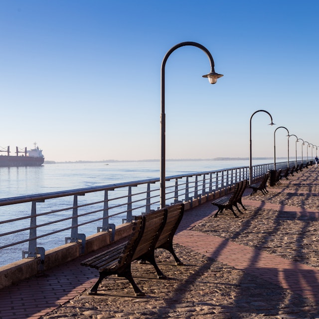 Promenade in Spain Park next to the Parana River in Rosario, Argentina.
