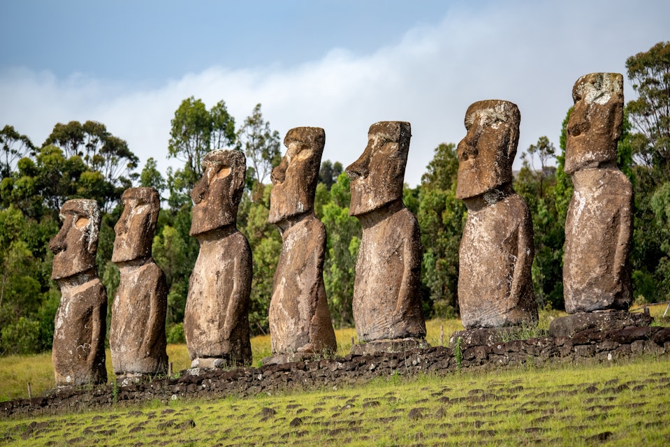Ahu Akivi in Rapa Nui (or Easter Island) in the Valparaíso Region of Chile. The site has seven moai, all of equal shape and size, and is also known as a celestial observatory.