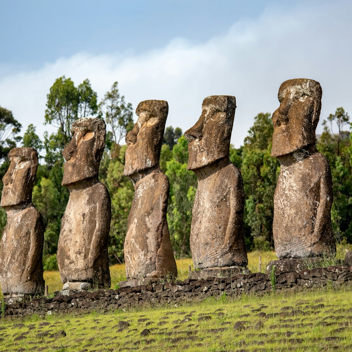 Ahu Akivi in Rapa Nui (or Easter Island) in the Valparaíso Region of Chile. The site has seven moai, all of equal shape and size, and is also known as a celestial observatory.
