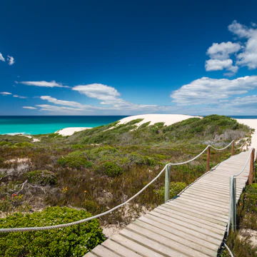 Wooden footpath leading to the beach at De Hoop Nature Reserve in South Africa.