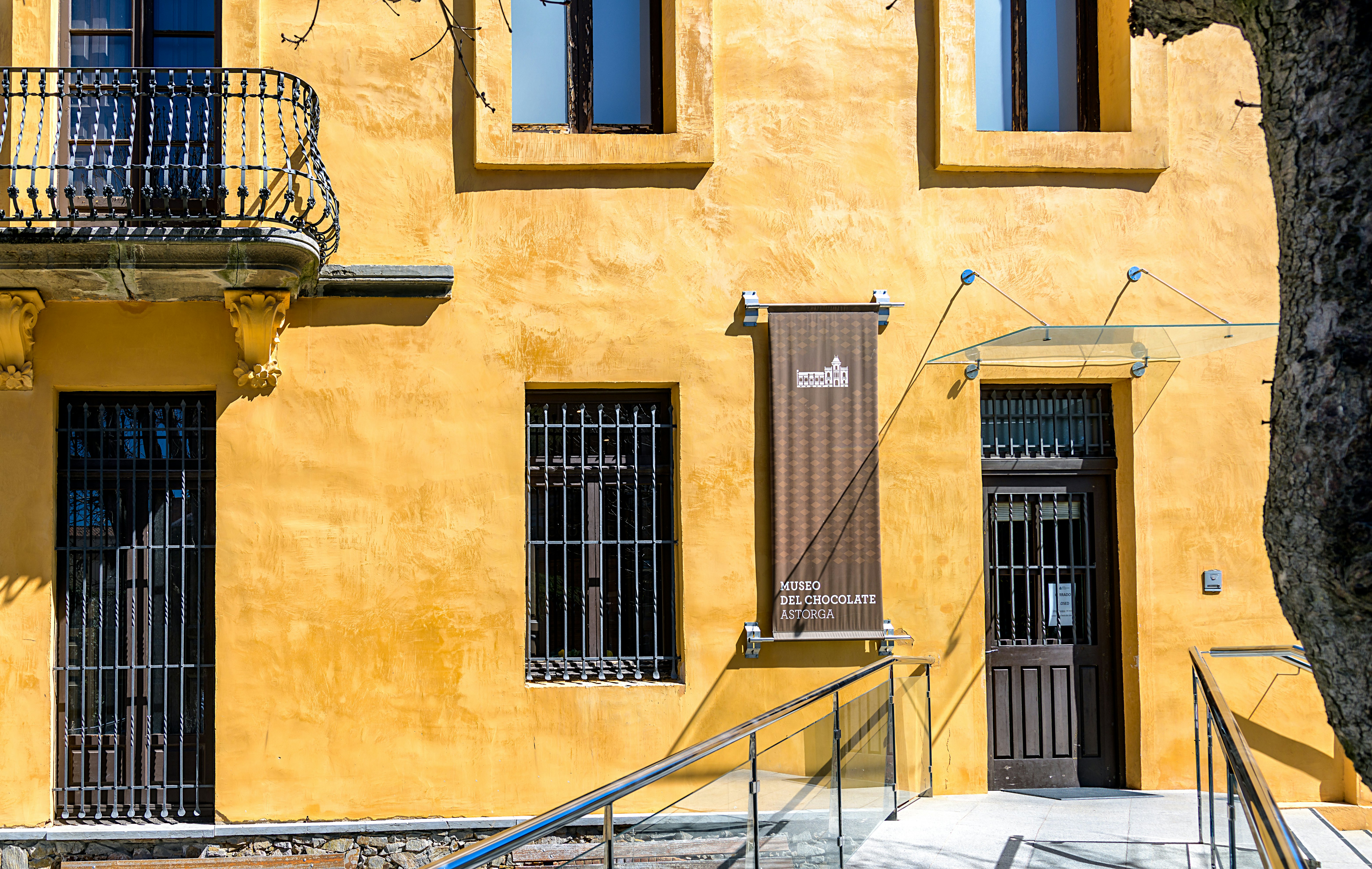 View of facade and entrance to the Chocolate museum in the city of Astorga, housed in a historic building in the old part of town.