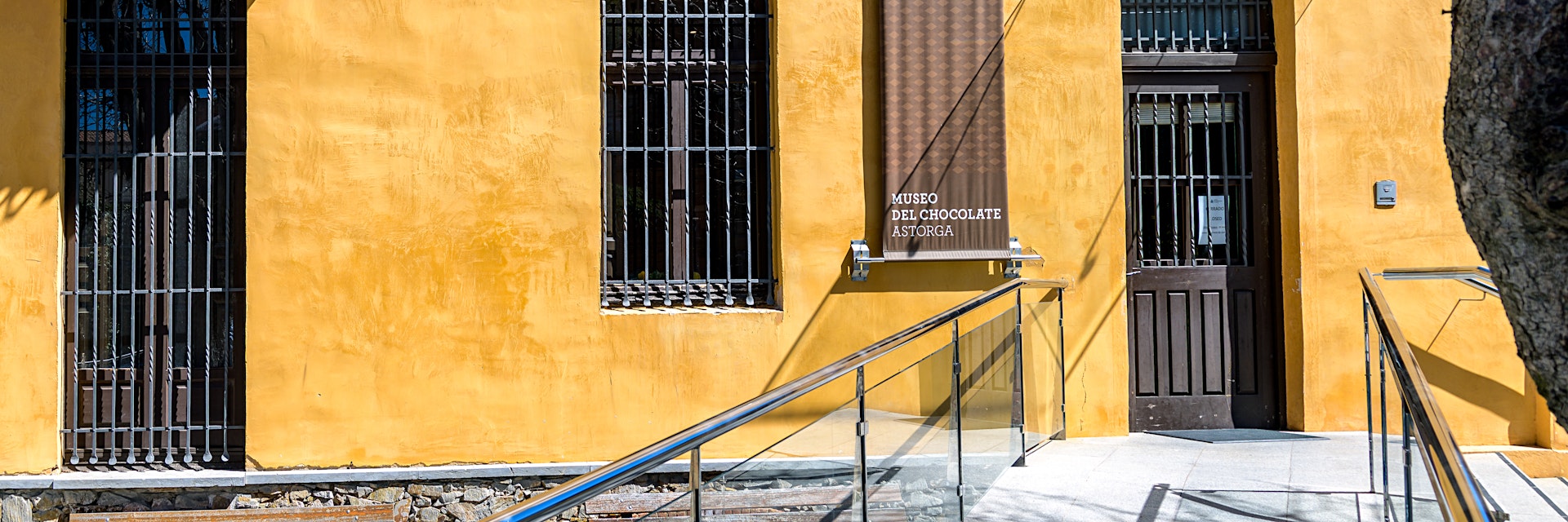 View of facade and entrance to the Chocolate museum in the city of Astorga, housed in a historic building in the old part of town.