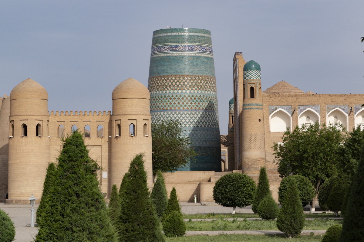 Kalta Minor minaret and city walls in Khiva, Uzbekistan.