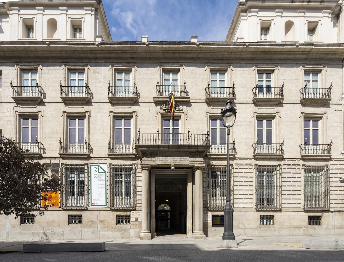 Exterior view of the royal academy of fine arts building in the city center of Madrid.