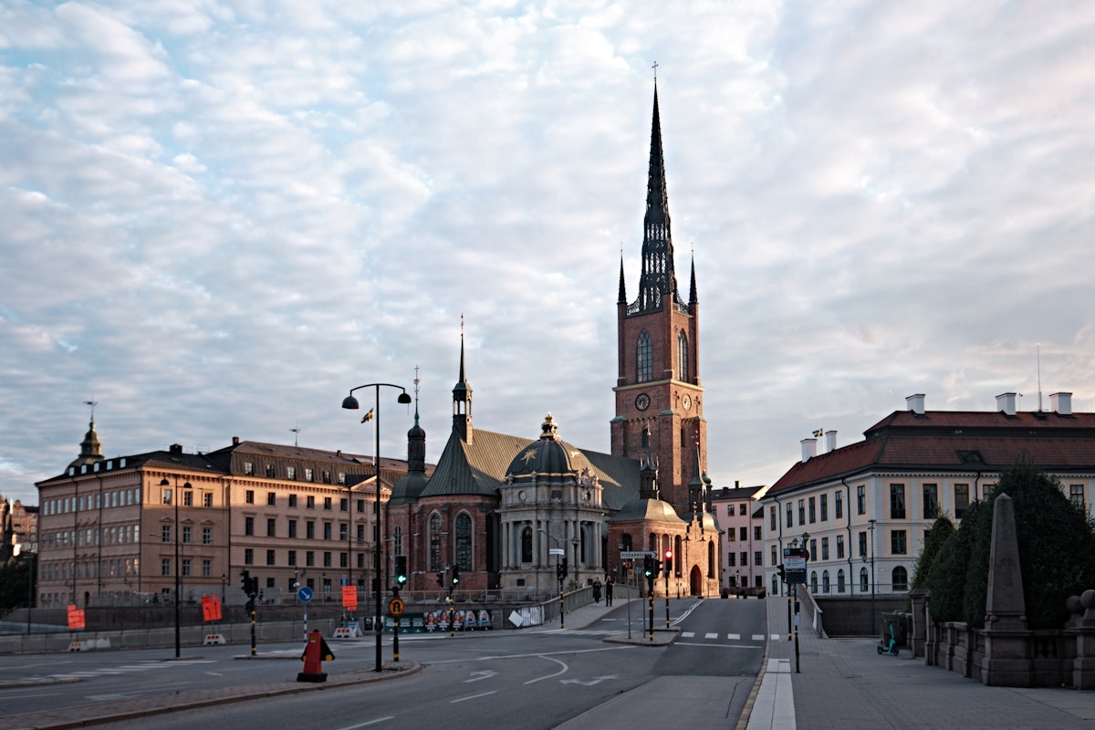 Riddarholmen Church and ornamented spire in Stockholm, Sweden.