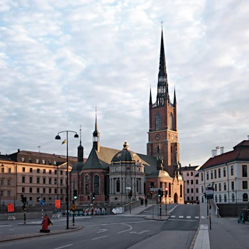 Riddarholmen Church and ornamented spire in Stockholm, Sweden.