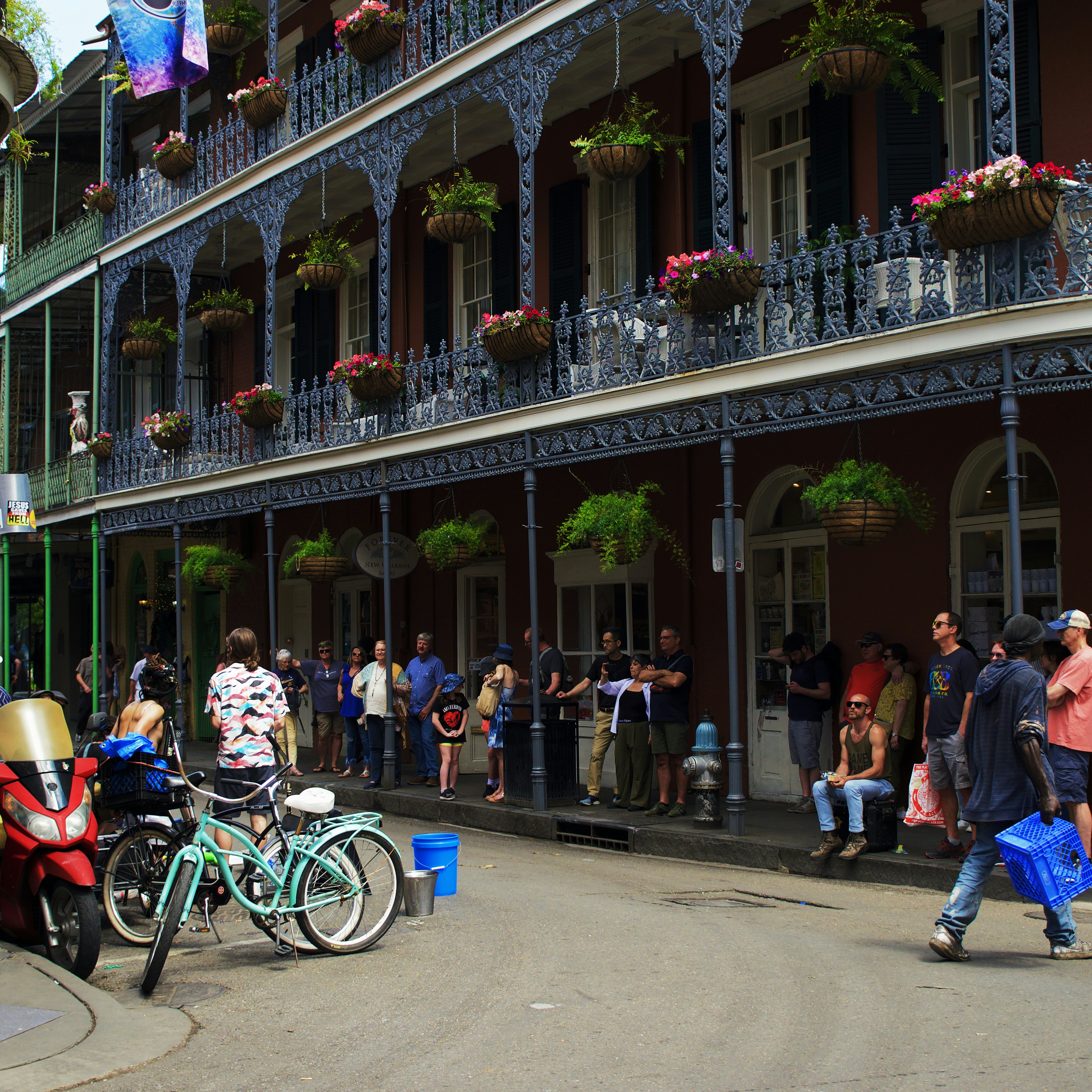 A crowd on Royal Street in the French Quarter of New Orleans.