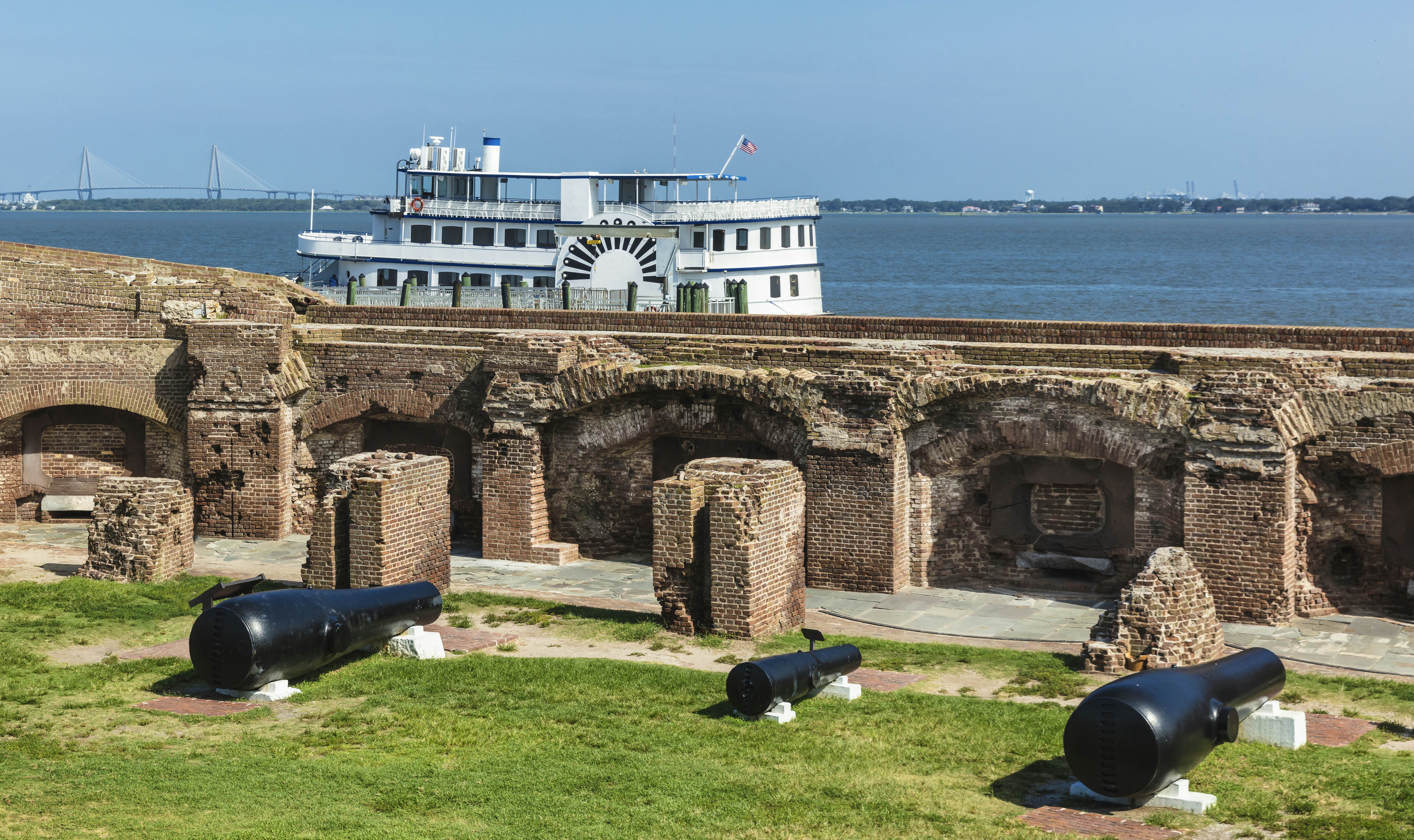 Two 15 inch 50,000-pound Rodman canons (on the sides), the largest guns used in the Civil War, are on display at the Fort Sumter site in Charleston, South Carolina.