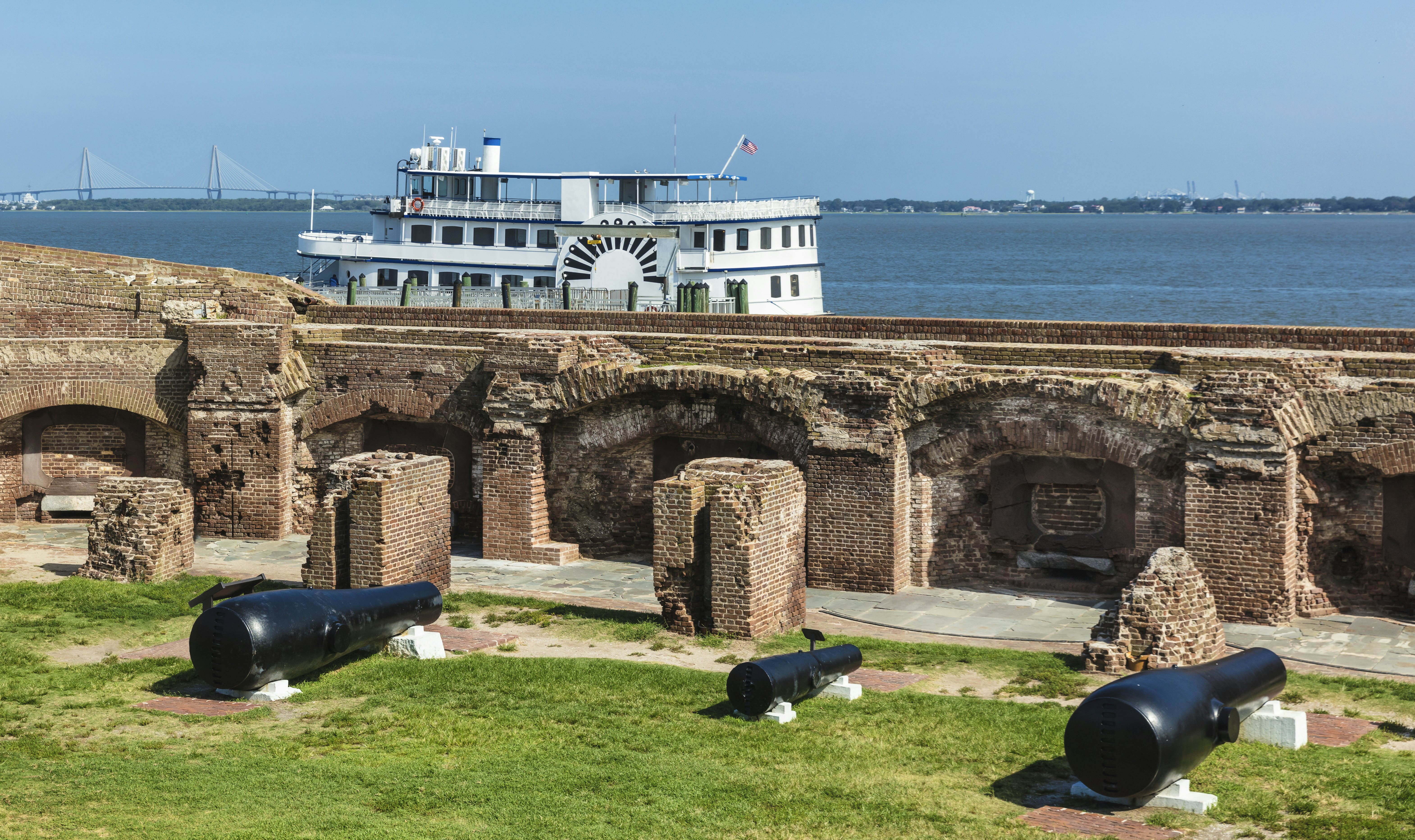 Two 15 inch 50,000-pound Rodman canons (on the sides), the largest guns used in the Civil War, are on display at the Fort Sumter site in Charleston, South Carolina.